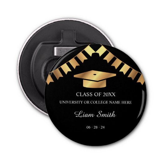 Elegant Zwart en Goud Afstuderen Souvenir Button Flesopener (Voorkant)