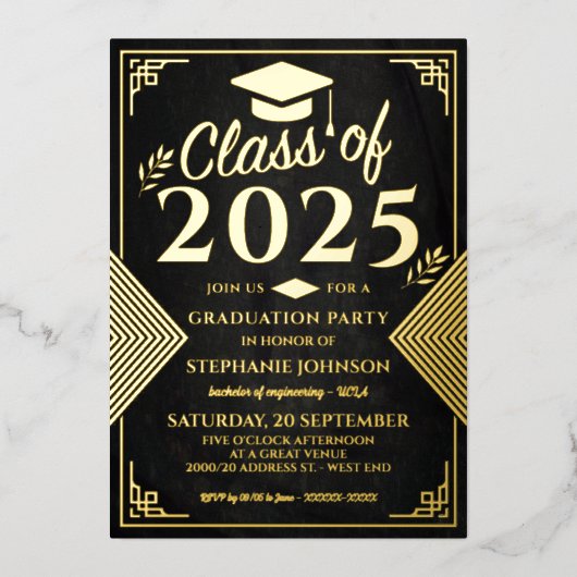 Elegant zwart en goud art deco afstudeerfeest folie uitnodiging (Voorkant)