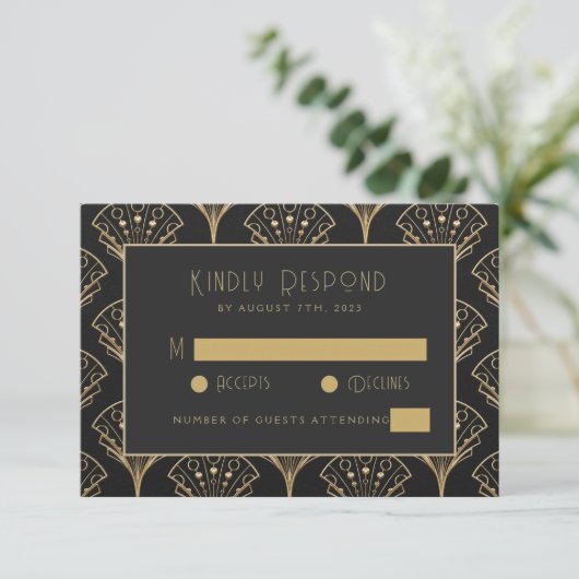 Elegant zwart en goud Art Deco Classic bruiloft RSVP Kaartje (Staand voorkant)