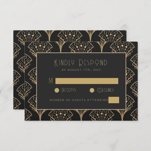 Elegant zwart en goud Art Deco Classic bruiloft RSVP Kaartje (Voorkant / Achterkant)