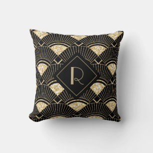 Elegant zwart en goud Art Deco Monogram Kussen