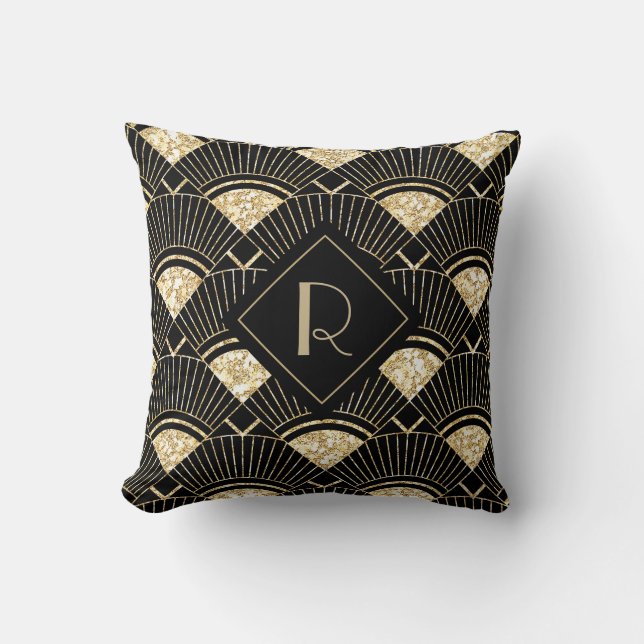 Elegant zwart en goud Art Deco Monogram Kussen (Voorkant)