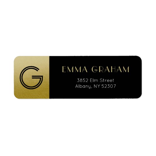 Elegant Zwart en Goud Art Deco Retouradres Etiket (Voorkant)