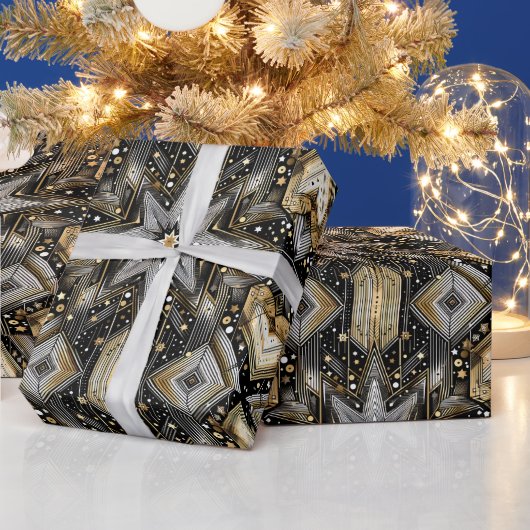 Elegant zwart en goud Art Deco sterpatroon Cadeaupapier (Feestdagen)