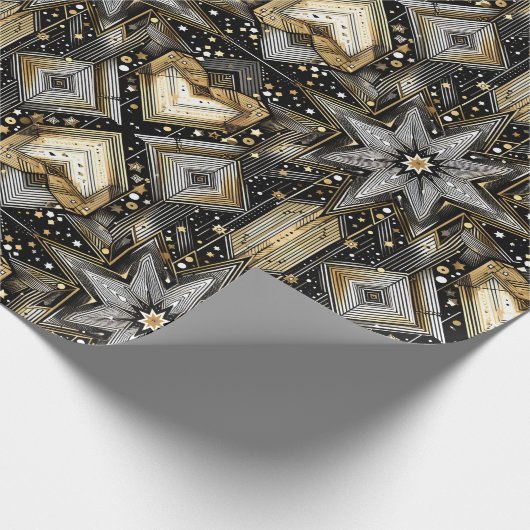 Elegant zwart en goud Art Deco sterpatroon Cadeaupapier (Hoek)