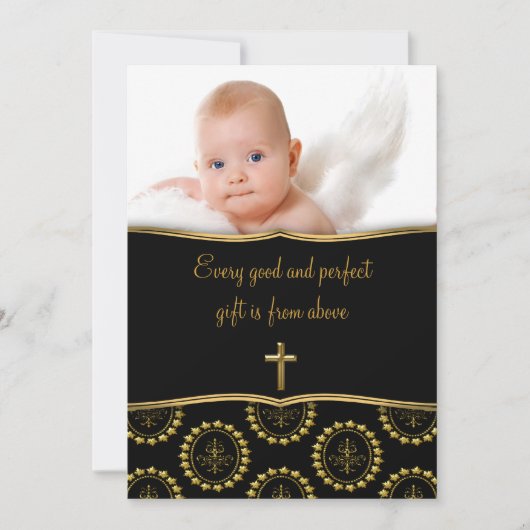 Elegant zwart en goud Baby foto doop Kaart (Voorkant)