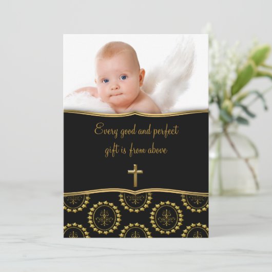 Elegant zwart en goud Baby foto doop Kaart (Staand voorkant)