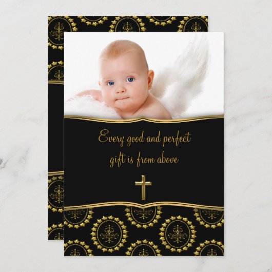 Elegant zwart en goud Baby foto doop Kaart (Voorkant / Achterkant)