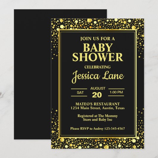 Elegant Zwart en Goud Baby shower Kaart (Voorkant / Achterkant)