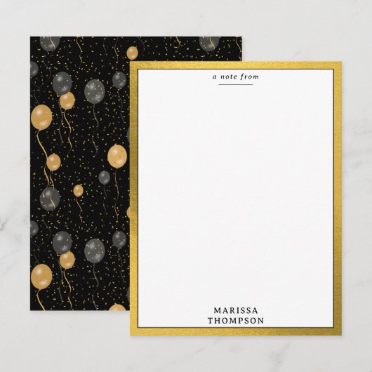 Elegant zwart en goud ballonnen feest notitiekaartje (Voorkant / Achterkant)