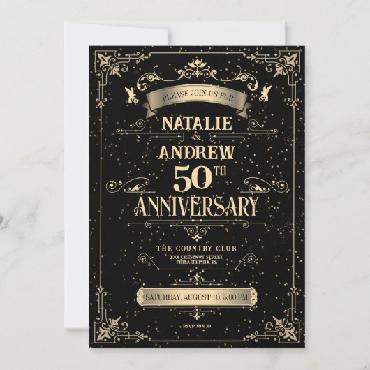 Elegant zwart en goud barok 50e Jubileum Kaart (Voorkant)