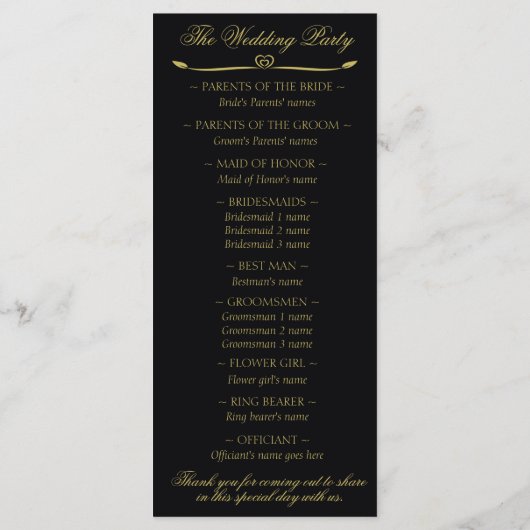 Elegant zwart en goud bloeien bruiloft programma programmakaart (Achterkant)
