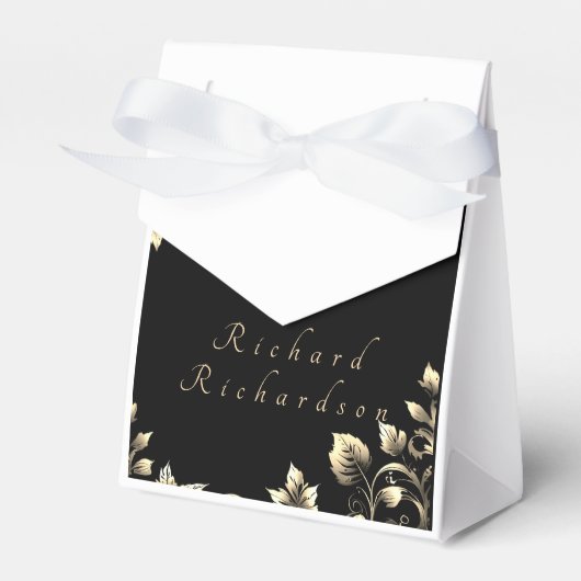 Elegant Zwart en Goud Bloemen Bruiloft Bedankdoosjes (Voorkant Zijde)