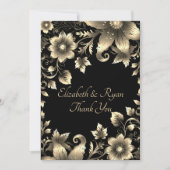 Elegant Zwart en Goud Bloemen Bruiloft Bedankkaart (Voorkant)