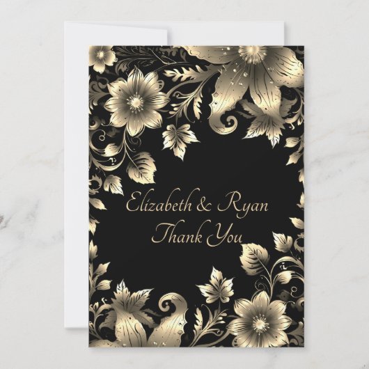Elegant Zwart en Goud Bloemen Bruiloft Bedankkaart (Voorkant)