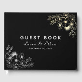 Elegant Zwart en Goud Bloemen Bruiloft Gastenboek (Voorkant)