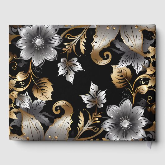 Elegant Zwart en Goud Bloemen Bruiloft Gastenboek (Achterkant)