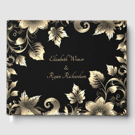 Elegant Zwart en Goud Bloemen Bruiloft Gastenboek
