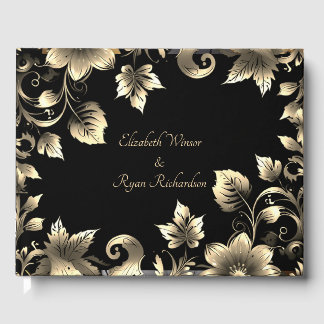 Elegant Zwart en Goud Bloemen Bruiloft Gastenboek