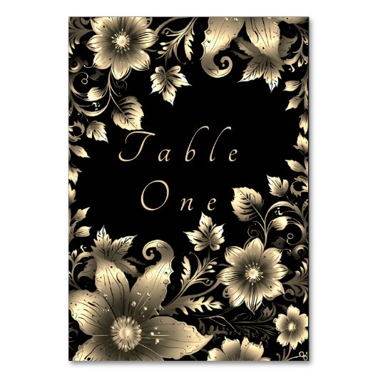 Elegant Zwart en Goud Bloemen Bruiloft Kaart (Voorkant)