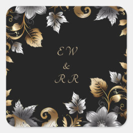 Elegant Zwart en Goud Bloemen Bruiloft Vierkante Sticker