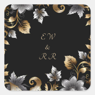 Elegant Zwart en Goud Bloemen Bruiloft Vierkante Sticker