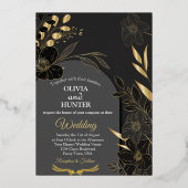 Elegant Zwart en Goud Bloemen Foto Bruiloft Folie Uitnodiging (Voorkant)