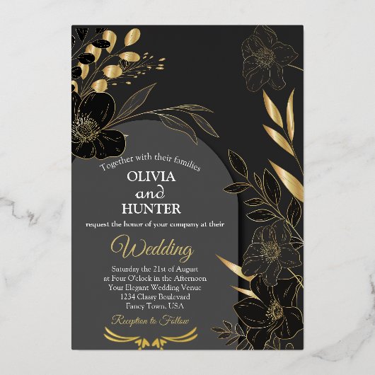 Elegant Zwart en Goud Bloemen Foto Bruiloft Folie Uitnodiging (Voorkant)