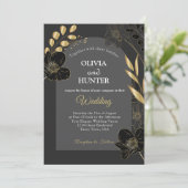 Elegant Zwart en Goud Bloemen Foto Trouwkaart Save The Date (Staand voorkant)