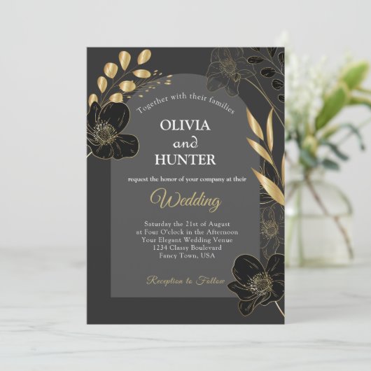 Elegant Zwart en Goud Bloemen Foto Trouwkaart Save The Date (Staand voorkant)