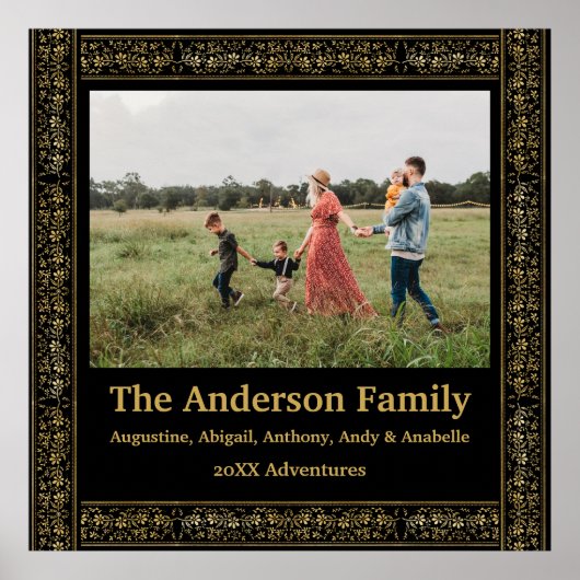 Elegant  Zwart en Goud Bloemen Lijst Foto Poster (Voorkant)