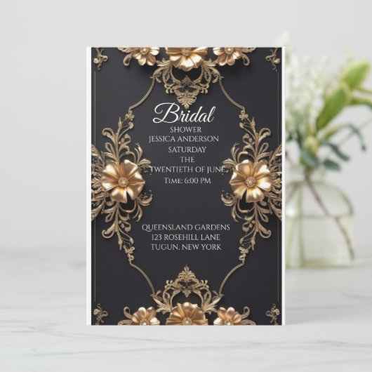 Elegant zwart en goud bloemen luxe ontwerp kaart (Staand voorkant)