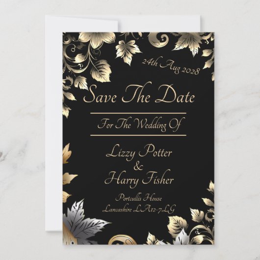 Elegant zwart en goud bloemenassortiment save the date (Voorkant)