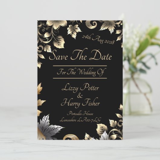 Elegant zwart en goud bloemenassortiment save the date (Staand voorkant)