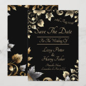 Elegant zwart en goud bloemenassortiment save the date (Voorkant / Achterkant)