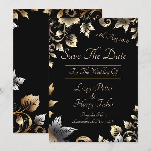 Elegant zwart en goud bloemenassortiment save the date (Voorkant / Achterkant)