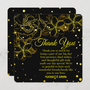 Elegant zwart en goud bloemenbruiloft Jubileum Bedankkaart