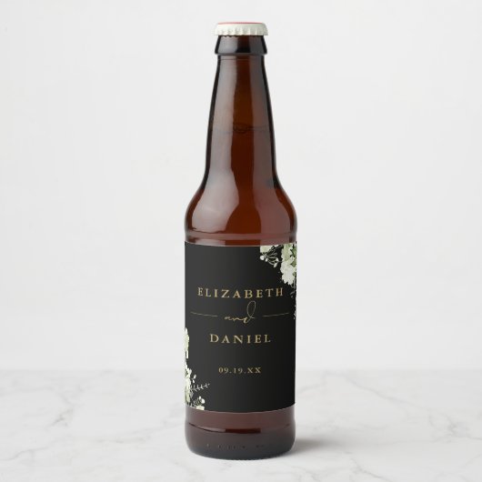 Elegant zwart en goud bloemengroen bruiloft bier etiket (Voorkant)