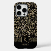 Elegant zwart en goud bloemenmonogram Case-Mate iPhone case (Achterkant)