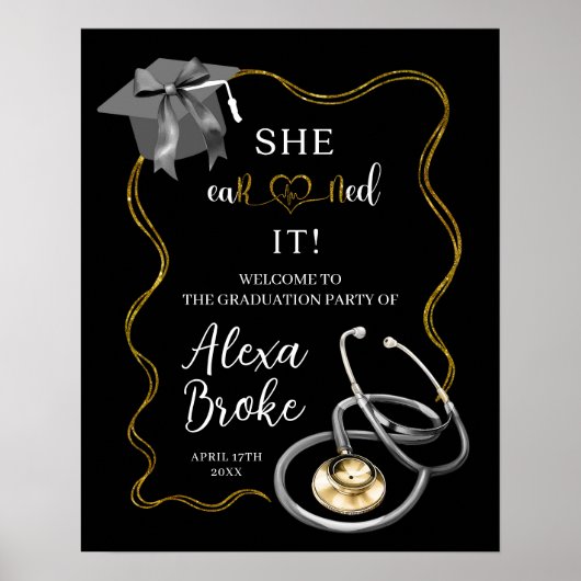 Elegant Zwart en Goud Bow Nurse Afstuderen Poster (Voorkant)