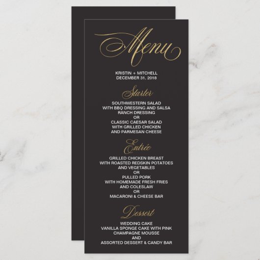 Elegant Zwart en Goud Bruiloft Menu Kaart (Voorkant / Achterkant)