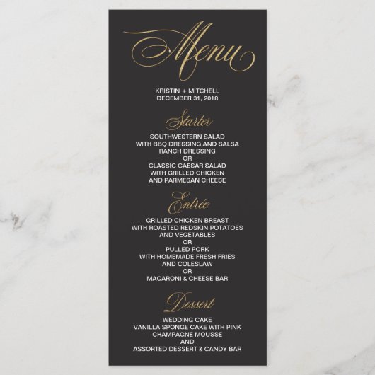Elegant Zwart en Goud Bruiloft Menu Kaart (Voorkant)