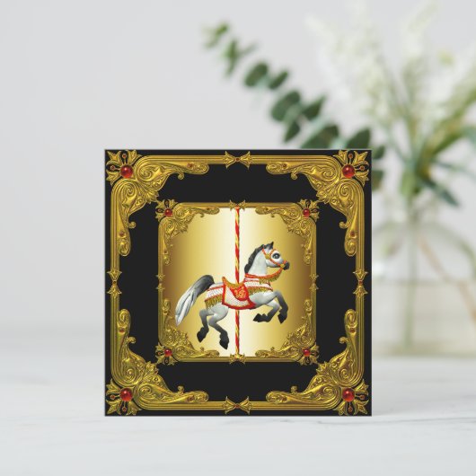 Elegant zwart en goud carrousel paard kaart (Staand voorkant)