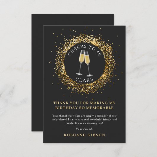 Elegant Zwart en Goud Cheers Verjaardag Dank u Bedankkaart (Voorkant / Achterkant)