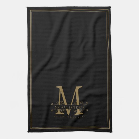 Elegant zwart en goud Classy Monogram familie Theedoek (Verticaal)