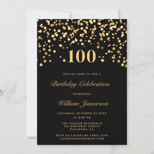 Elegant Zwart en Goud Confetti 100h Verjaardag Kaart (Voorkant)