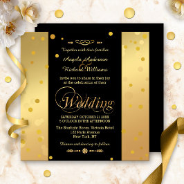 Elegant Zwart en Goud Confetti bruiloft uitnodigin Kaart