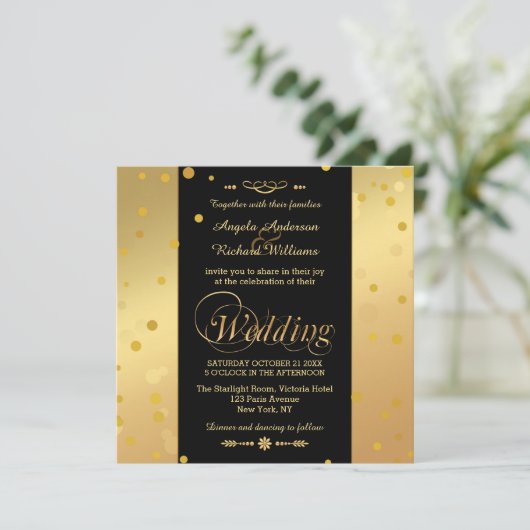 Elegant Zwart en Goud Confetti bruiloft uitnodigin Kaart (Staand voorkant)