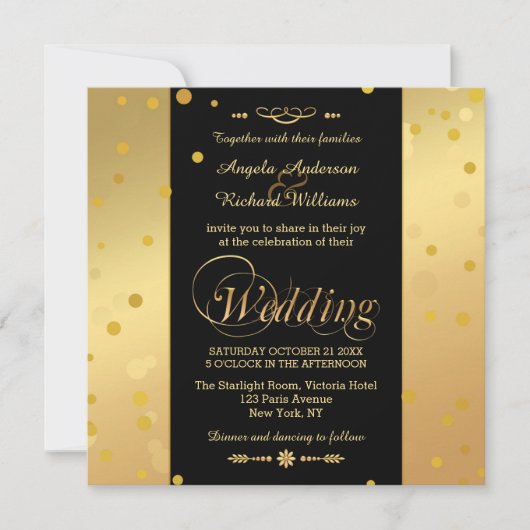 Elegant Zwart en Goud Confetti bruiloft uitnodigin Kaart (Voorkant)