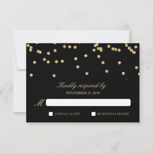 Elegant zwart en goud Confetti Polka-Stippen RSVP (Voorkant)